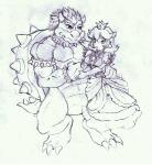 anthro breasts claws clothed clothing crown dress duo female hair hat headgear headwear long_hair male nude shell simple_background size_difference spikes teeth toe_claws white_background tigerlilylucky mario_bros nintendo bowser princess_peach human koopa mammal scalie 2010 monochrome sketch traditional_media_(artwork)