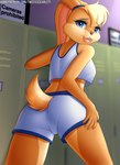 5_fingers anthro blue_eyes butt clothed clothing digital_media_(artwork) english_text female fingers hair hi_res lagomorph leporid locker lola_bunny long_ears looking_at_viewer looney_tunes mammal rabbit rear_view solo text twistedscarlett60 url warner_brothers