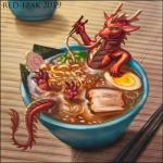 bathing chopsticks detailed_background eating egg feral food green_eyes horn male narutomaki noodles partially_submerged ramen red_body red_scales scales solo spines tail ventral_scales red-izak asian_mythology east_asian_mythology mythology dragon eastern_dragon mythological_creature mythological_scalie scalie 1:1 2019 digital_media_(artwork) letterbox