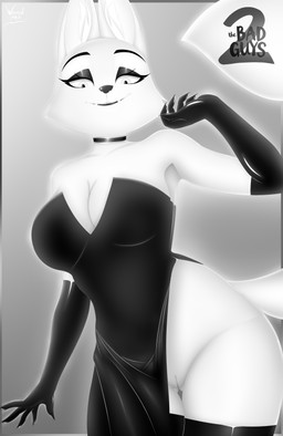 anthro armwear biped bottomless breasts choker claws cleavage clothed clothing dress eyebrows eyelashes fangs female genitals jewelry legwear lips looking_at_viewer makeup_sex necklace pose pussu slit_dress smile smiling_at_viewer solo stockings tail teeth vulva wide_hips wizard1997 dreamworks the_bad_guys diane_foxington canid canine fox mammal absurd_res digital_media_(artwork) hi_res portrait three-quarter_portrait