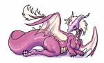 anthro breasts butt digital_media_(artwork) dragon feathery female feral hair horn kaiju_poster kaiju_poster_(artist) looking_at_viewer mythological_creature mythological_scalie mythology non-mammal_breasts nude paws pink_body pink_scales reptile scales scalie simple_background slightly_chubby smile solo tail thick_thighs wings