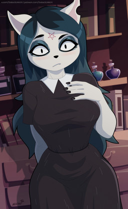 5_fingers anthro black_clothing black_dress black_eyes black_nails black_nose blue_hair clothed clothed_anthro clothed_female clothing colored_nails dress eyebrows eyelashes eyeshadow female female_anthro fingers hair inside long_hair makeup nails notched_ear occult_symbol pentagram solo symbol text galacticmichi cartoon_hangover the_summoning claire_(the_summoning) domestic_cat felid feline felis mammal 2026 digital_media_(artwork) url