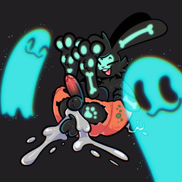 3_toes after_sex ambiguous_gender anthro arm_tuft balls black_background black_body black_fur bodily_fluids buckteeth butt cheek_tuft chest_tuft cum cum_drip cum_in_ass cum_inside cum_on_ground dripping erection eyes_closed facial_tuft feet food footprint fruit fur genital_fluids genitals glowing glowing_markings group holidays humanoid_genitalia humanoid_penis jack-o'-lantern male markings open_mouth open_smile pawprint pawprint_(marking) penis plant pumpkin shoulder_tuft simple_background skeleton_(marking) smile solo_focus teeth toes trio tuft xing1 halloween ghost lagomorph leporid mammal rabbit spirit 1:1 absurd_res hi_res