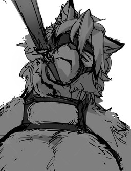 anthro eye_patch eyewear hair harness leash leash_pull looking_at_viewer looking_down looking_down_at_viewer male narrowed_eyes pecs solo cocotinart mihoyo zenless_zone_zero von_lycaon canid canine canis mammal wolf bust_portrait greyscale hi_res monochrome portrait signature