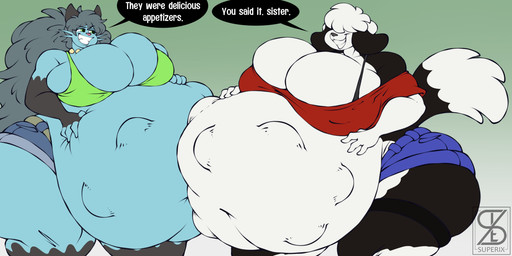 abdominal_bulge ambiguous_gender ambiguous_prey anthro anthro_pred belly belt big_belly big_breasts big_butt bottomwear bra breasts butt clothed clothed_anthro clothed_female clothing crop_top denim denim_bottomwear denim_clothing denim_shorts dialogue duo female female_anthro female_pred fur hair hair_over_eye hand_on_belly hand_on_own_belly huge_belly huge_breasts long_hair looking_at_another multicolored_body multicolored_fur multiple_prey navel oral_vore shirt short_hair shorts simple_background smile smiling_at_another speech_bubble squirming struggling struggling_prey tail talking_to_another text thick_thighs topwear touching_bellies underwear vore whiskers superix nintendo pokemon shelly_(shellydadewwy) canid canine canis dewott domestic_dog generation_5_pokemon mammal pokemon_(species) absurd_res digital_drawing_(artwork) digital_media_(artwork) english_text hi_res
