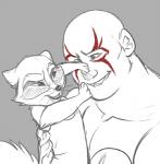 anthro carrying_another duo hand_on_face male playful size_difference smile teeth jailbird guardians_of_the_galaxy marvel drax_the_destroyer rocket_raccoon mammal procyonid raccoon 2014 digital_media_(artwork) sketch