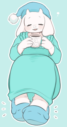 animal_slippers anthro beverage blue_background clothing container cup emanata eyes_closed female footwear fur hat headgear headwear horn mug nightcap nightgown rosy_cheeks shoes simple_background sitting sleepwear slippers solo white_body white_fur underchikichan undertale_(series) toriel bovid caprine goat mammal hi_res
