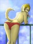 anthro bent_over beverage blonde_hair bulge butt byoki-desu clothed clothing container cup disposable_cup food fur hair holding_container holding_cup holding_object male outside panties presenting presenting_hindquarters rear_view sky solo topless underwear that_kei_guy salty canid canine mammal