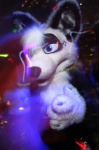 anthro blue_eyes clothing costume dancing female fursuit rave real solo spots char_(photographer) larka_novaine canid canine canis mammal wolf absurd_res hi_res