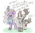 blush clothed clothed_feral clothing cosplay duo female feral smile text siurize skutchi hasbro makelovepony my_little_pony nintendo pokemon ash_ketchum fan_character hilda_(pokemon) pokemon_trainer equid equine horse mammal pony colored english_text hi_res