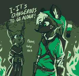 ambiguous_anthro ambiguous_gender anthro cheek_tuft color_swatch dialogue duo ear_tuft facial_tuft fire freckles fur head_tuft male male_anthro markings spots spotted_body spotted_fur talking_to_another text tuft theblueberrycarrots it's_dangerous_to_go_alone marc_(theblueberrycarrots) milo_(juantriforce) african_wild_dog canid canine felid feline lynx mammal digital_drawing_(artwork) digital_media_(artwork) english_text green_theme meme restricted_palette source_request