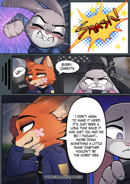 4_fingers anthro band-aid bandage bandage_on_face blush bodily_fluids clothed clothed_anthro clothed_female clothed_male clothing cross-popping_vein dialogue duo female fingers fur grey_body male male/female police police_officer police_uniform punch text uniform conditional_dnp yazen disney zootopia judy_hopps nick_wilde canid canine european_rabbit fox lagomorph leporid mammal oryctolagus rabbit red_fox true_fox absurd_res comic digital_media_(artwork) english_text hi_res