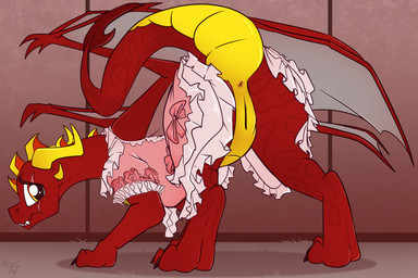 2_horns animal_genitalia anus back_wings butt claws clothed clothed_feral clothing countershade_tail countershade_torso countershading crossdressing dress eye_scar facial_scar feral genital_slit genitals head_spikes horn inside looking_at_viewer looking_back looking_back_at_viewer male membrane_(anatomy) membranous_wings multicolored_body no_underwear partially_clothed pink_clothing pink_dress presenting presenting_hindquarters quadruped raised_tail rear_view red_body scar solo spikes spikes_(anatomy) tail teeth two_tone_body wings yellow_body yellow_countershading fuf european_mythology mythology ash_darkfire dragon mythological_creature mythological_scalie scalie western_dragon 2019 3:2