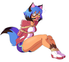 anthro ball_gag bdsm blush bodily_fluids bondage bound dipstick_tail drooling female flying_sweatdrops gag looking_at_viewer markings multicolored_tail restraints rope rope_bondage saliva simple_background solo sweat sweatdrop tail tail_markings boundlightning brand_new_animal studio_trigger michiru_kagemori canid canine mammal raccoon_dog tanuki absurd_res hi_res