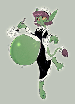 barefoot belly big_belly breasts claws clothing feet female grey_background hair maid_uniform pregnant pregnant_female pregnant_humanoid purple_hair simple_background small_breasts solo tail toe_claws uniform yellow_sclera hellbrain goblin humanoid 2023 hi_res