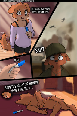 anthro blurred_background clothed clothing duo female fur holidays looking_at_viewer male male/female prank pregnancy_test simple_background tail tail_motion tailwag text thousand_yard_stare vietnam_flashback vietnam_war young young_anthro imprettynormai april_fools'_day family_guy_death_pose erin_(imprettynormai) sam_(imprettynormai) canid canine mammal 2:3 absurd_res english_text hi_res meme
