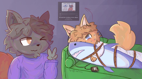 anthro bound clothing duo electronics fur furniture grey_body grey_fur headphones male orange_body orange_fur portable_music_player red_body red_fur sofa sweater text topwear vustur ikea blahaj domestic_cat felid feline felis mammal absurd_res hi_res russian_text