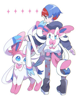 ambiguous_gender backpack blue_eyes blue_hair blush blush_lines bottomwear bow_(anatomy) clothing duo eyebrow_through_hair eyebrows eyewear female feral footwear fur glasses grey_eyes hair legwear multicolored_hair paws pink_body pink_fur red_hair ribbons_(anatomy) shoes simple_background skirt smile tail translucent translucent_clothing translucent_hair two_tone_hair white_body toripoke710 nintendo pokemon penny_(pokemon) eeveelution generation_6_pokemon human mammal pokemon_(species) sylveon 2025 hi_res