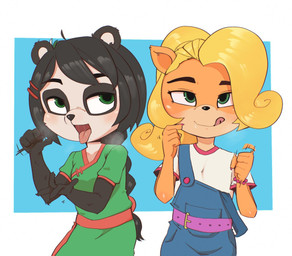 anthro blush clothed clothing duo fellatio_gesture female female_anthro gesture hand_gesture handjob_gesture loli looking_at_viewer naughty_face nude open_mouth overalls smile steam suggestive suggestive_gesture tongue tongue_out young young_anthro young_female hua113 activision crash_bandicoot_(series) coco_bandicoot yaya_panda bandicoot bear giant_panda mammal marsupial hi_res