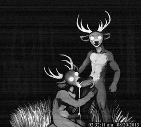 anthro antlers balls bodily_fluids camera camera_view caught_in_the_act cum cum_drip cum_in_mouth cum_inside dripping duo fellatio genital_fluids genitals glowing glowing_eyes horn looking_at_viewer male male/male nightmare_fuel nude oral penile penis sex soul_devouring_eyes hladilnik deer mammal greyscale monochrome