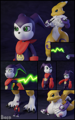 anthro areola balls big_breasts blue_eyes breast_squish breasts dominant dominant_female duo extreme_size_difference female genitals larger_female male male/female nipples nude open_mouth penis shrinking simple_background size_difference size_transformation smaller_male squish standing surprised transformation vulva bacn bandai_namco digimon canid digimon_(species) impmon mammal renamon 2020 3d_(artwork) 5:8 comic digital_media_(artwork) hi_res