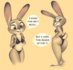2022 anthro bikini breasts butt camel_toe clothed clothing dialogue disney english_text female fur hi_res judy_hopps lagomorph leporid looking_at_viewer looking_back mammal qupostuv35 rabbit simple_background small_breasts solo standing swimwear text zootopia