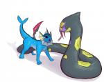 2016 ambiguous_gender coiling davespers duo ear_frill eeveelution feral frill_(anatomy) generation_1_pokemon generation_3_pokemon hi_res mammal membrane_(anatomy) membranous_frill nintendo open_mouth pokemon pokemon_(species) reptile scalie seviper simple_background snake tail vaporeon white_background