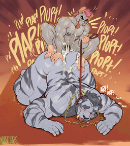 4_toes 5_fingers anal anal_penetration anthro anthro_on_anthro anthro_penetrated anthro_penetrating anthro_penetrating_anthro arf back_muscles barazoku biceps big_butt black_nose blush bodily_fluids body_hair butt chain_necklace claws collar cum cum_in_ass cum_inside cum_on_butt duo ejaculation eyebrows facial_piercing feet fingers foot_on_butt from_behind_position fur genital_fluids grey_body grey_fur grey_hair hair happy_trail jewelry larger_penetrated larger_sub leash leash_pull leashed_collar male male/male male_penetrated male_penetrating male_penetrating_male mounting muscular muscular_anthro muscular_male necklace nipple_piercing nipple_ring nipples nose_piercing nose_ring on_ground onomatopoeia open_mouth open_smile penetration piercing pink_hair pink_nose plap rat_tail red_background ring_piercing sex simple_background size_difference small_top_big_bottom smile snaggle_tooth sound_effects striped_body striped_fur stripes submissive sweat tail text thick_eyebrows thick_thighs toe_claws toes tongue tongue_out marlon.cores diego_(o_im_soniic) quesito_(ashwaffles) felid mammal murid murine pantherine prehistoric_species rat rodent saber-toothed_tiger tiger 2025 absurd_res hi_res signature