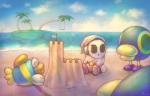 beach blue_body blue_skin mask plant sand_castle sculpture seaside swing tree water louivi mario_bros nintendo super_mario_sunshine fiski_the_cheep-cheep cataquack cheep_cheep shyguy