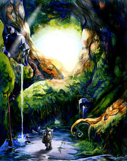 ambiguous_gender anthro backpack clothing detailed_background forest hoodie nature outside plant solo topwear tree water waterfall wood young young_anthro inubito canid canine mammal 2010 hi_res