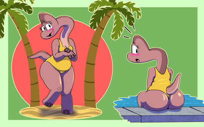 anthro belly big_butt blush butt clothing female long_neck looking_at_viewer looking_back one-piece_swimsuit slightly_chubby slightly_chubby_female swimwear marcodile dinosaur_bones brandi_(jurassiczalar) brachiosaurid brachiosaurus dinosaur macronarian prehistoric_species reptile saurischian sauropod sauropodomorph scalie hi_res