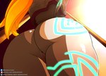 anus butt butt_focus clothing female fused_shadow genitals headgear headwear humanoid_pointy_ears low-angle_view markings pointy_ears pussy rear_view solo text katzenstrand nintendo the_legend_of_zelda twilight_princess midna humanoid imp twili hi_res url