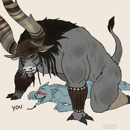 ambiguous_gender anthro belly black_hair bodily_fluids butt clothing cum duo genital_fluids grey_body hair hat headgear headwear horn larger_male lying male male/ambiguous musclegut muscular penetration sex simple_background size_difference smaller_penetrated text tongue tongue_out bluesh dreamworks kung_fu_panda anon kai_the_collector bovid bovine canid canine mammal 1:1 2021 hi_res