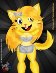 abstract_background anthro blonde_hair bottomwear breasts clothed clothing female fully_clothed hair hands_behind_head looking_at_viewer navel open_mouth simple_background skirt smile solo tail whiskers jorgeskunk happy_tree_friends angelina_onyx deity domestic_cat felid feline felis mammal