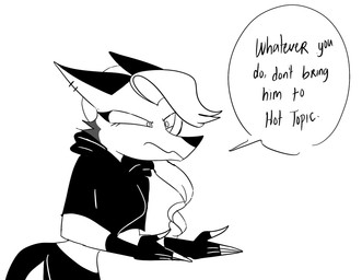 anthro clothing dialogue ear_piercing female fingerless_gloves gloves hair handwear narrowed_eyes piercing ponytail simple_background solo speech_bubble text emositecc hellaverse helluva_boss mythology loona_(helluva_boss) canid canid_demon canine demon hellhound mammal mythological_canine mythological_creature english_text hi_res monochrome