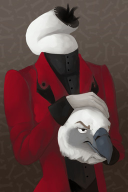 anthro beak clothing detachable detachable_head grey_beak headless holding_head holding_own_head jacket long_neck male modular pattern_background red_clothing red_jacket red_topwear simple_background solo topwear white_body elskereddie european_mythology irish_mythology mythology accipitriform avian bird dullahan vulture 2018 half-length_portrait hi_res portrait