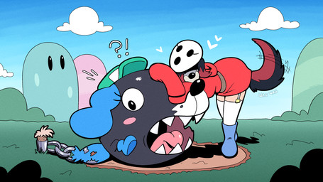 black_pupil blue_sky blush blush_stickers chain chain_leash cloud dirt duo exclamation_point eyelashes female grass heart_symbol hearts_around_head leash long_eyelashes mask_on_head motion_lines plant question_mark sky stake transformation wolf_tail trevor-fox mario_bros nintendo zeydaan chain_chomp shyguy 16:9 hi_res widescreen