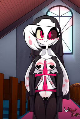 anthro breasts clothed clothing crossgender detailed_background eyelashes female fur handwear heart_symbol legwear looking_at_viewer multi_arm multi_eye multi_limb multicolored_body multicolored_fur nun_outfit partially_clothed pink_body pink_fur smile solo thick_thighs two_tone_body two_tone_fur white_body white_fur usagi_star hazbin_hotel hellaverse angel_dust arachnid arthropod demon spider hi_res