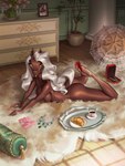 anthro bracelet bread breasts brown_body brown_fur brown_hair butt chest_of_drawers container croissant cup drawers female food fur hair hoof_polish hooves jewelry long_hair necklace nipples parasol pastry pillow platter red_hooves reola saucer solo white_hair holivi michelle_(thescreampits) equid equine horse mammal absurd_res hi_res