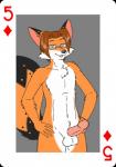 anthro arms_bent arms_by_side brown_hair card card_template diamonds_(suit) erection five_of_diamonds fur genitals hair hands_on_hips hands_on_own_hips holding_hips looking_at_viewer male nude orange_body orange_fur penis playing_card playing_card_template simple_background solo standing suit_symbol smsfoxx steve_(smsfoxx) canid canine fox mammal red_fox true_fox