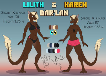 anthro clothed clothing duo equis_universe female muscular muscular_anthro muscular_female outline paws police police_uniform text underwear uniform sunny_way karen_dar'lan lilith_dar'lan ki'rinaes digital_media_(artwork) english_text model_sheet