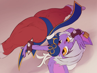 4_fingers big_ears big_head blue_clothing boots bottom_heavy bracelet breasts brown_clothing brown_legwear clothed clothing cosplay crossover_cosplay ear_piercing female fingers footwear fur grey_hair hair humanoid_pointy_ears jewelry legwear open_mouth piercing pointy_ears purple_body purple_boots purple_clothing purple_footwear purple_fur shoes short_hair solo spiked_bracelet spikes thick_thighs upside_down wide_hips yellow_eyes ravencat capcom league_of_legends riot_games street_fighter tencent chun-li tristana_(lol) humanoid yordle crossover hi_res