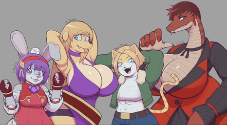 abs alternate_species anthro big_breasts blep blonde_hair breasts buckteeth cleavage clothed clothing cute_fangs dress fangs female fingerless_gloves furrification gloves grey_background group hair handwear huge_breasts medium_breasts muscular muscular_anthro muscular_female non-mammal_breasts purple_clothing purple_dress purple_hair scales simple_background teeth tongue tongue_out ventral_scales dmandestroys king_of_fighters snk athena_asamiya blue_mary bonne_jenet vice_(kof) canid canine canis domestic_cat domestic_dog felid feline felis lagomorph leporid mammal rabbit reptile scalie snake 2025 hi_res