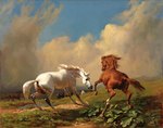 1849 19th_century absurd_res ambiguous_gender ancient_art anus balls black_body black_fur brown_body brown_fur brown_mane butt duo_focus equid equine feral fur genitals group hi_res hooves horse male mammal mane oil_painting_(artwork) reptile rudolph_koller scalie snake storm_clouds traditional_media_(artwork) underhoof white_body white_fur white_mane