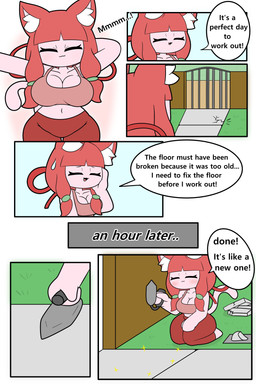 anthro bodily_fluids bottomwear bow_ribbon bra breasts cement cleavage clothed clothing dialogue eyelashes female grass hair inner_ear_fluff navel pants plant red_bottomwear red_clothing red_hair red_pants solo speech_bubble sports_bra sweat tail text tuft underwear white_inner_ear_fluff workout_clothing tonytoran erica_(tonytoran) domestic_cat felid feline felis mammal 2:3 absurd_res comic english_text hi_res
