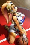 3_toes 4_fingers anthro athletic athletic_anthro athletic_female ball basketball_(ball) basketball_court basketball_uniform big_breasts blonde_hair blue_eyes bottomwear breasts buckteeth cleavage clothed clothing eyeshadow feet female fingers floppy_ears gloves hair hand_on_breast handwear hotpants jersey kneeling long_ears looking_at_viewer lop_ears makeup midriff pose scut_tail short_tail shorts smile soles solo sportswear spotlight tail teeth tight_clothing toes tune_squad_outfit tune_squad_outfit_(1996) uniform blizzmaster looney_tunes space_jam warner_brothers lola_bunny lagomorph leporid mammal rabbit 2023 2:3 alternate_version_at_source digital_media_(artwork) hi_res pinup