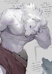 abs anthro barazoku biceps big_muscles biped fur male muscular muscular_anthro muscular_male pecs solo text white_body white_fur yanswade canid canine canis mammal wolf 2024 absurd_res english_text hi_res