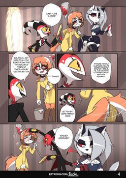 anthro biped clothed clothing detailed_background dialogue female female_anthro fur group male male_humanoid open_mouth open_smile orange_body orange_fur orange_tail pupils red_body red_eyes red_sclera smile speech_bubble standing tail text trio white_body white_eyes white_fur jizoku hellaverse helluva_boss mythology blitzo_(helluva_boss) loona_(helluva_boss) sol_(jizoku) canid canid_demon canine demon hellhound humanoid imp mammal mythological_canine mythological_creature 2025 absurd_res comic english_text hi_res