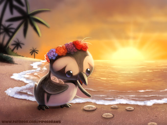 ambiguous_gender beach beak black_body black_feathers blue_eyes cloud feathers feral floral flower flower_garland garland lei open_mouth palm_tree plant sand sea seaside sky solo sunset text tree water white_body white_feathers piper_thibodeau avian bird penguin sand_dollar 4:3 digital_media_(artwork) digital_painting_(artwork) painting_(artwork) url