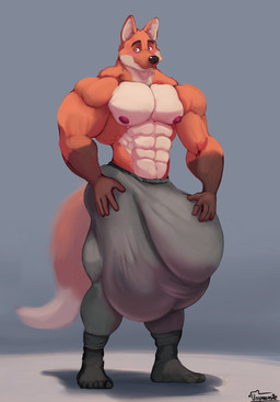5_fingers 5_toes abs anthro areola balls_outline biceps big_bulge big_muscles biped black_clothing black_eyebrows black_footwear black_nose black_socks blush bottomwear brown_body brown_fur brown_hands bulge clothed clothed_anthro clothed_male clothing countershade_face countershade_fur countershade_neck countershade_torso countershading deltoids detailed_bulge dipstick_tail eyebrows feet fingers footwear fur genital_outline gloves_(marking) grey_background grey_bottomwear grey_clothing grey_pants grey_sweatpants hand_on_bulge hand_on_hip hand_on_own_bulge hand_on_own_hip huge_bulge humanoid_feet humanoid_hands hyper hyper_bulge latissimus_dorsi looking_at_viewer male male_anthro markings mouth_closed multicolored_body multicolored_fur muscular muscular_anthro muscular_arms muscular_male navel nipples orange_body orange_fur pants pecs penis_outline plantigrade red_areola red_nipples serratus shadow simple_background socks solo standing sweatpants tail tail_markings three-quarter_view toes topless topless_anthro topless_male trapezius triceps white_body white_countershading white_fur white_inner_ear uniparasite canid canine fox mammal red_fox true_fox digital_media_(artwork) full-length_portrait hi_res portrait shaded signature